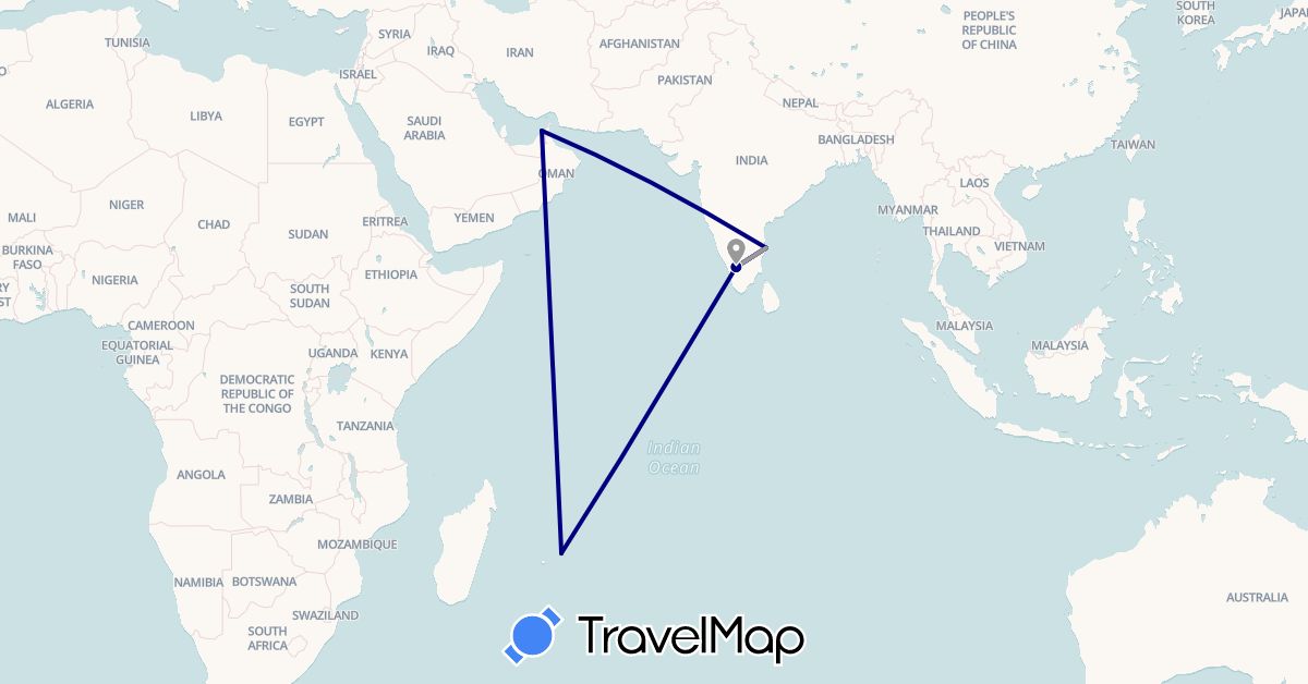 TravelMap itinerary: driving, plane in United Arab Emirates, India, Mauritius (Africa, Asia)